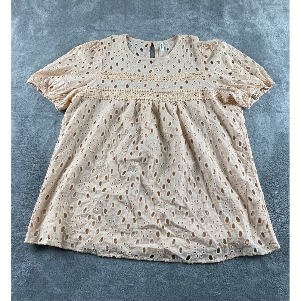 Falechay Womens XL Peach Eyelet Lace Crochet Trim Babydoll Top Short Puff Sleeve
